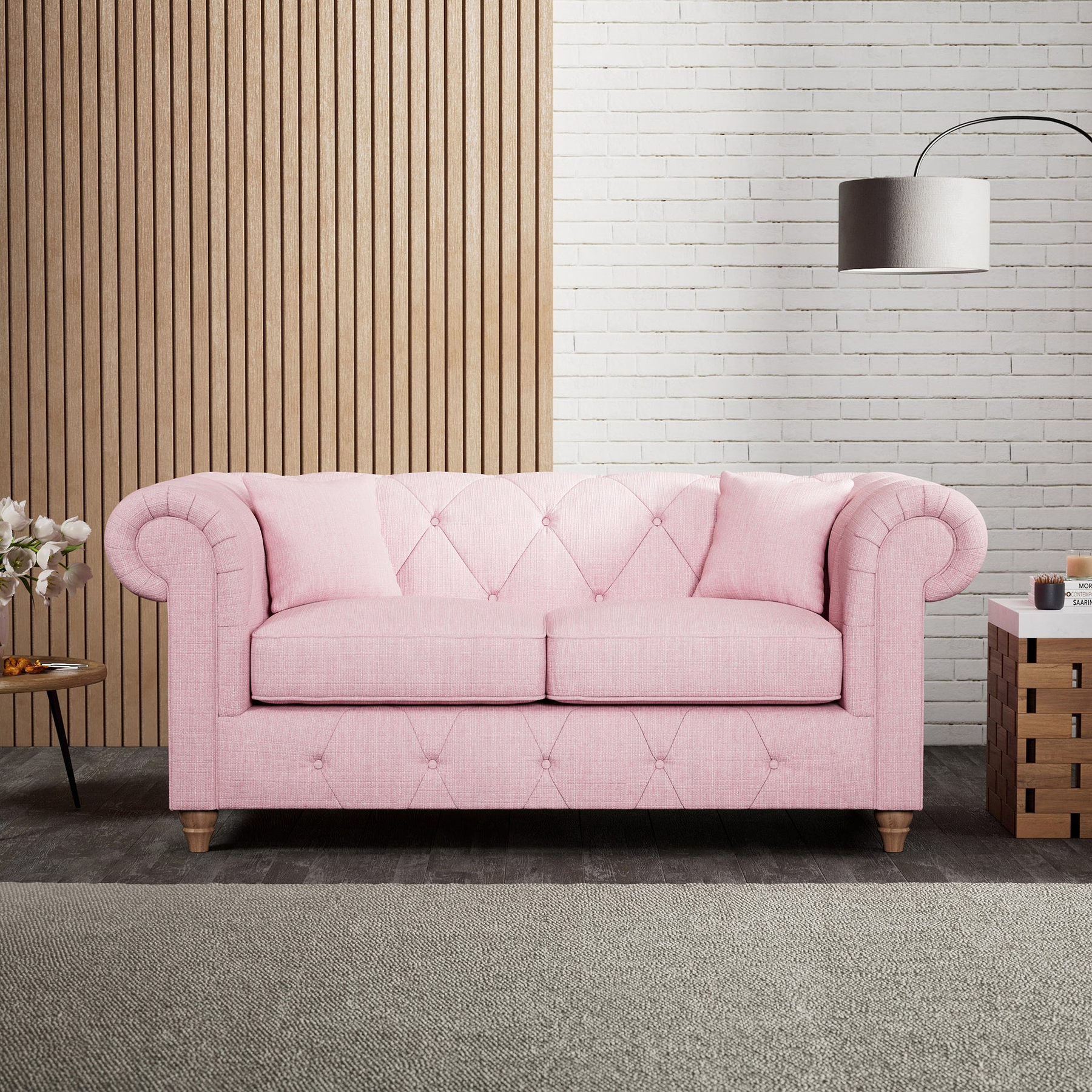 Everett 2 Seater Sofa Pink Walnut Feet from Roseland Furniture