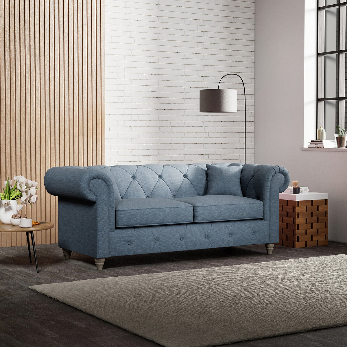 Everett 3 Seater Sofa Deep Blue Washed Oak Feet from Roseland Furniture