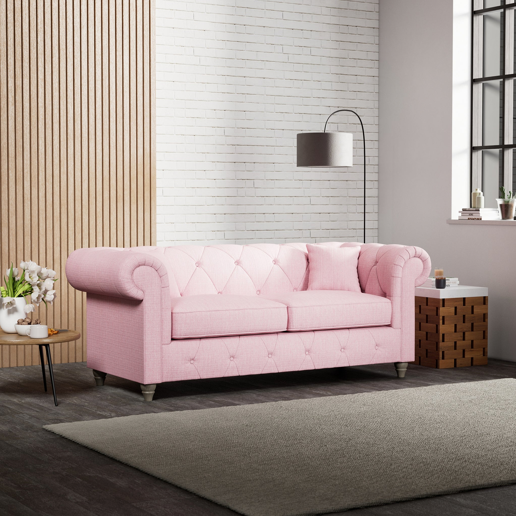 Everett 3 Seater Sofa Pink Washed Oak Feet from Roseland Furniture