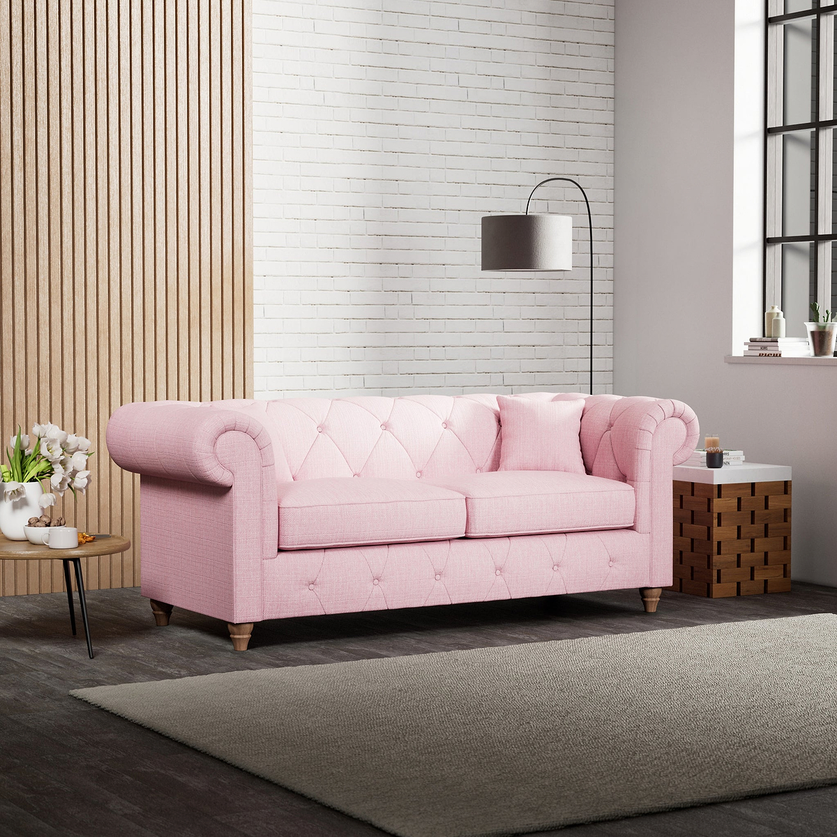 Everett 3 Seater Sofa Pink Walnut Feet from Roseland Furniture