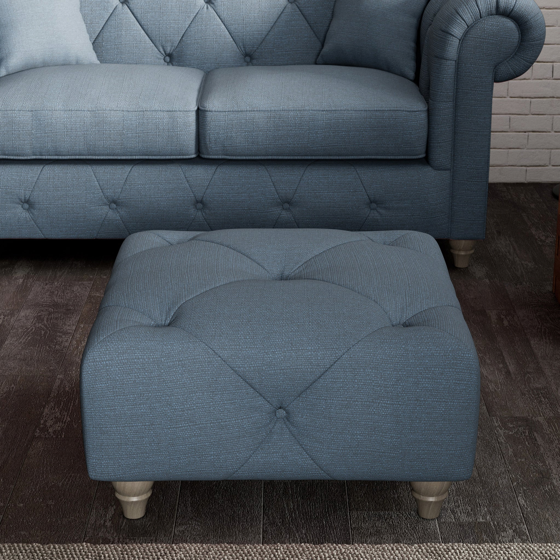 Everett Button Top Footstool Deep Blue Washed Oak Feet from Roseland Furniture