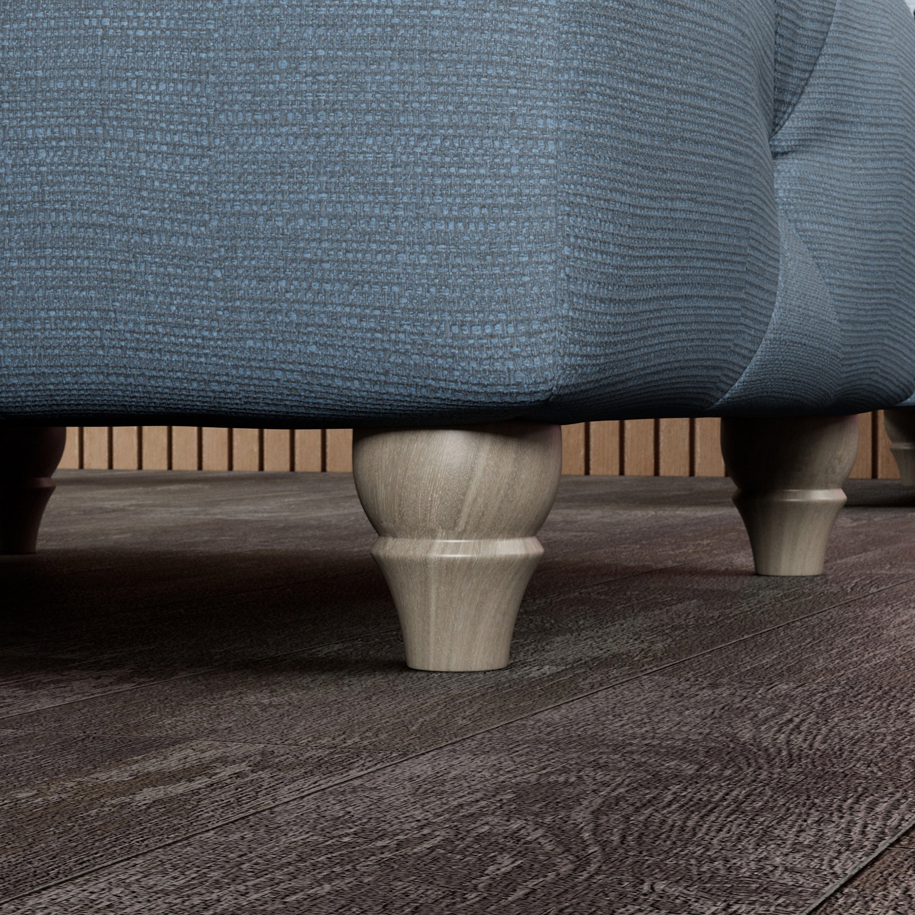 Everett Button Top Footstool Deep Blue Washed Oak Feet from Roseland Furniture