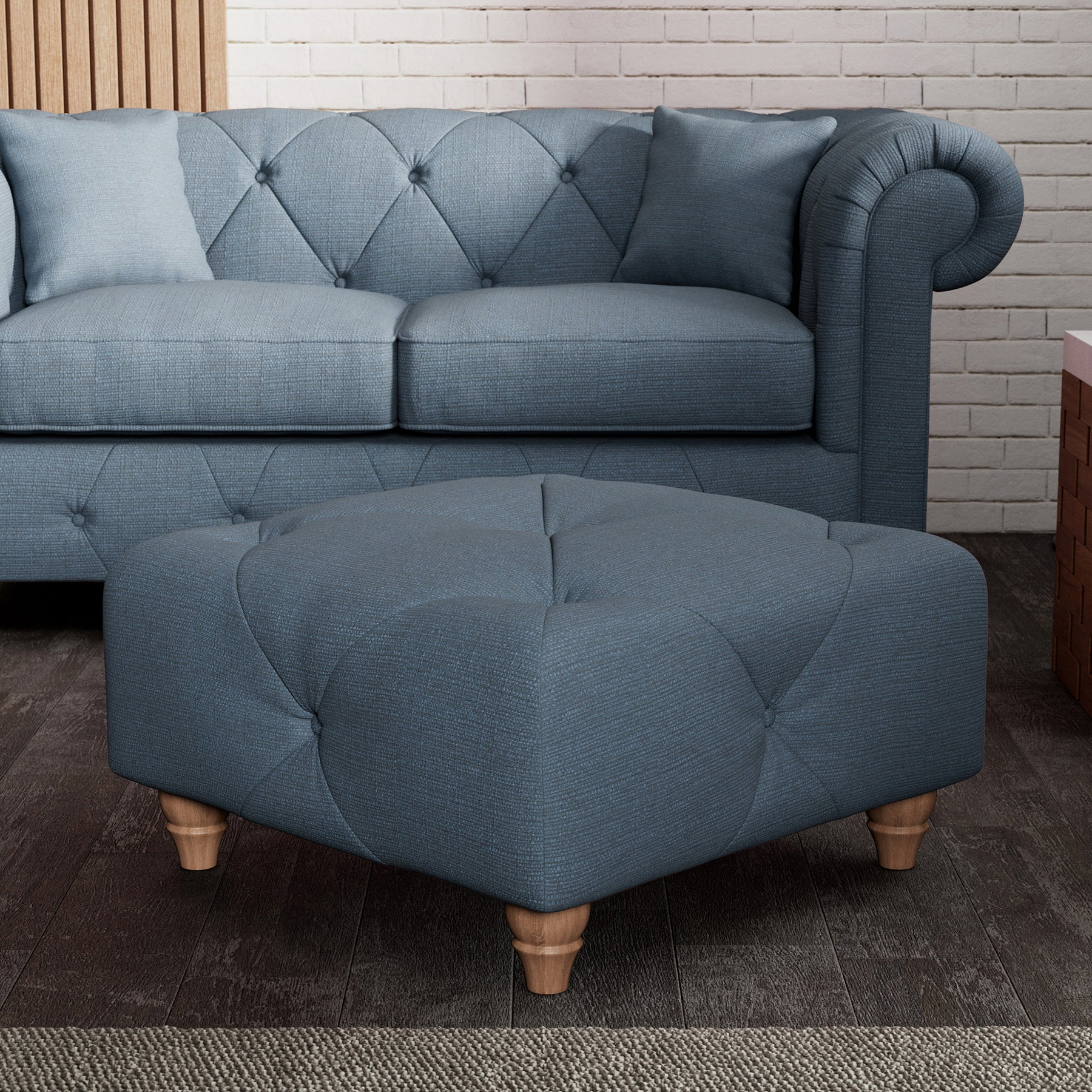 Everett Button Top Footstool Deep Blue Walnut Feet from Roseland Furniture