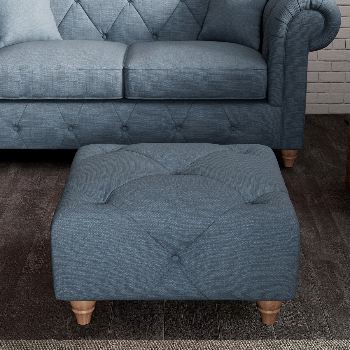 Everett Button Top Footstool Deep Blue Walnut Feet from Roseland Furniture