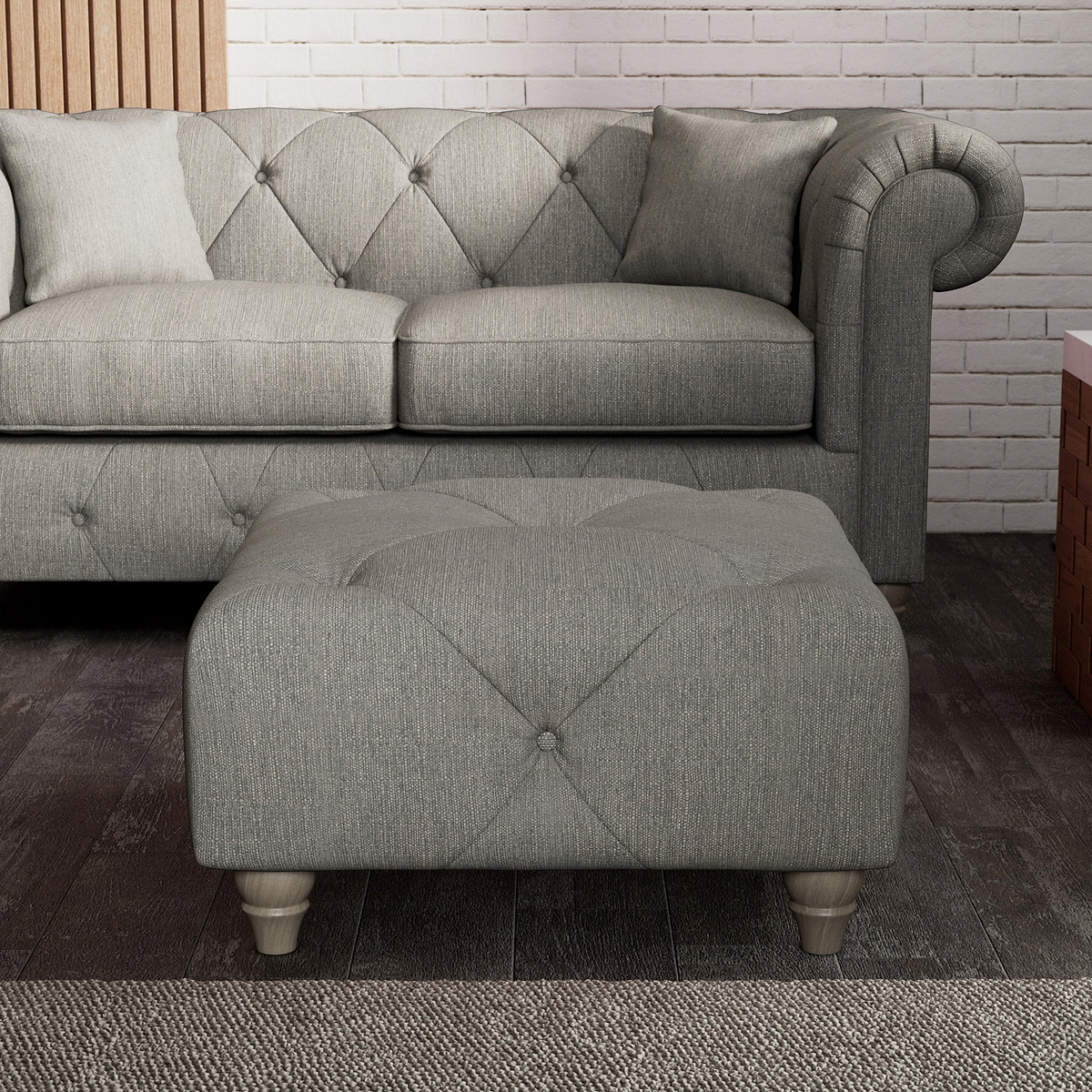 Everett Button Top Footstool Graphite Washed Oak Feet from Roseland Furniture
