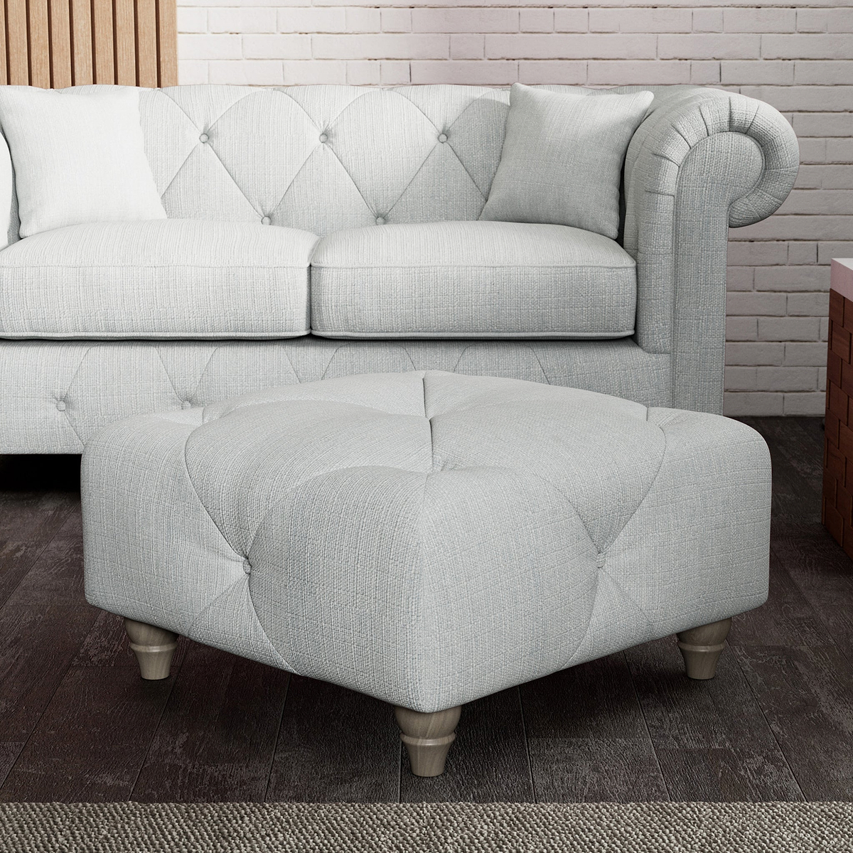 Everett Button Top Footstool Light Blue Washed Oak Feet from Roseland Furniture