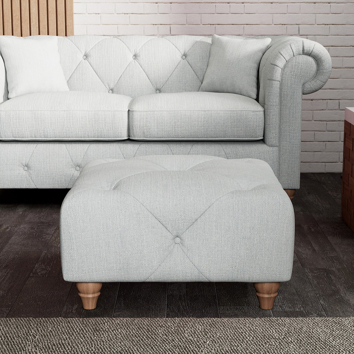 Everett Button Top Footstool Light Blue Walnut Feet from Roseland Furniture