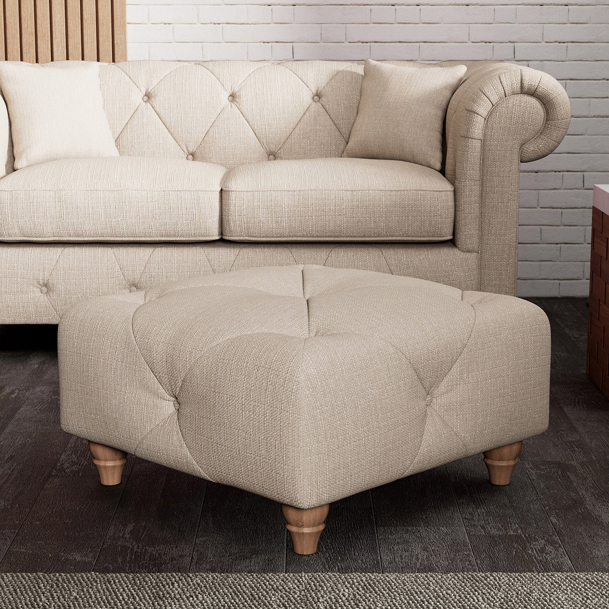Everett Button Top Footstool Oyster Walnut Feet from Roseland Furniture