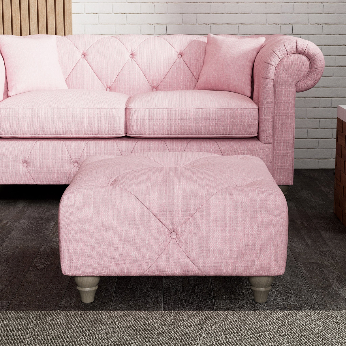 Everett Button Top Footstool Pink Washed Oak Feet from Roseland Furniture