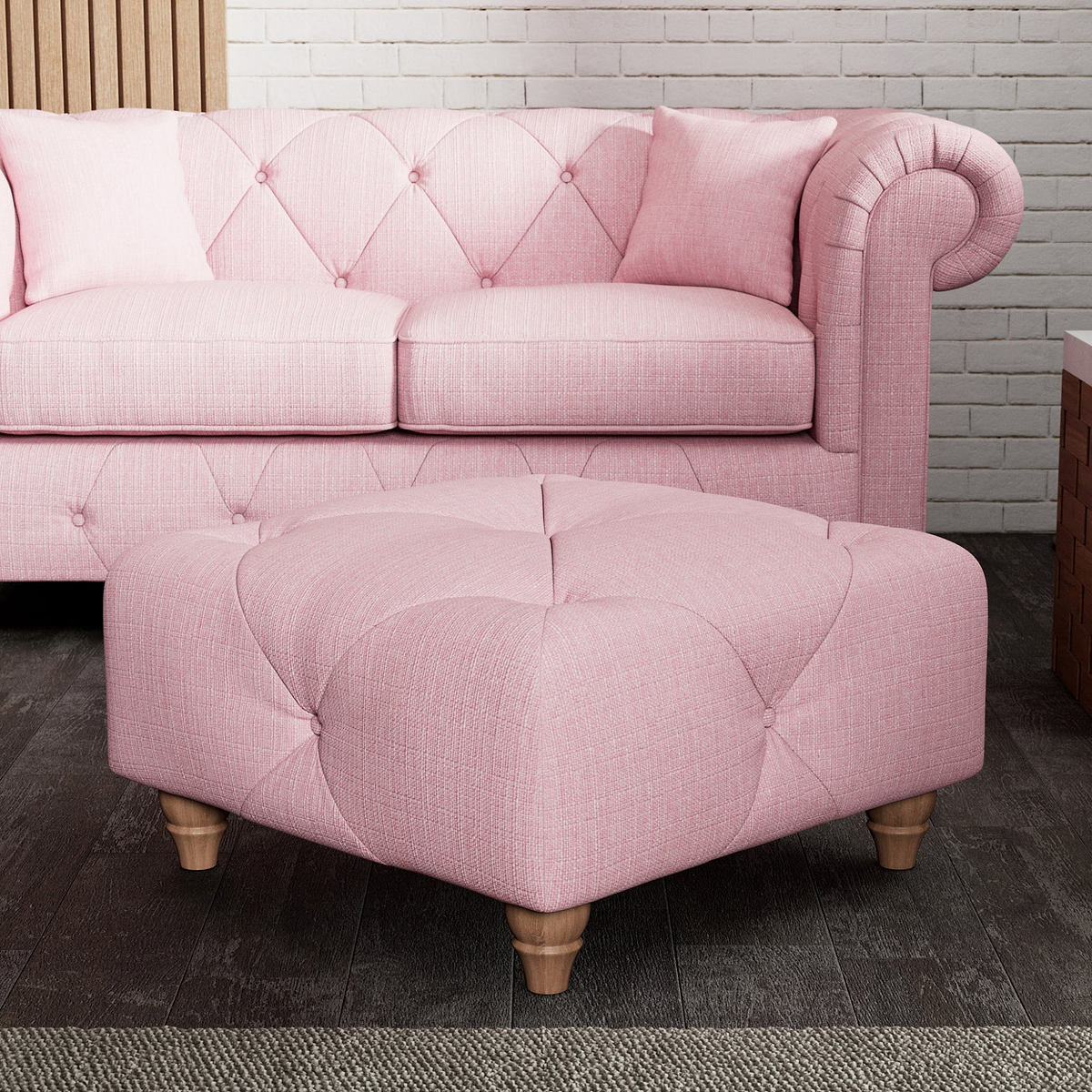 Everett Button Top Footstool Pink Walnut Feet from Roseland Furniture