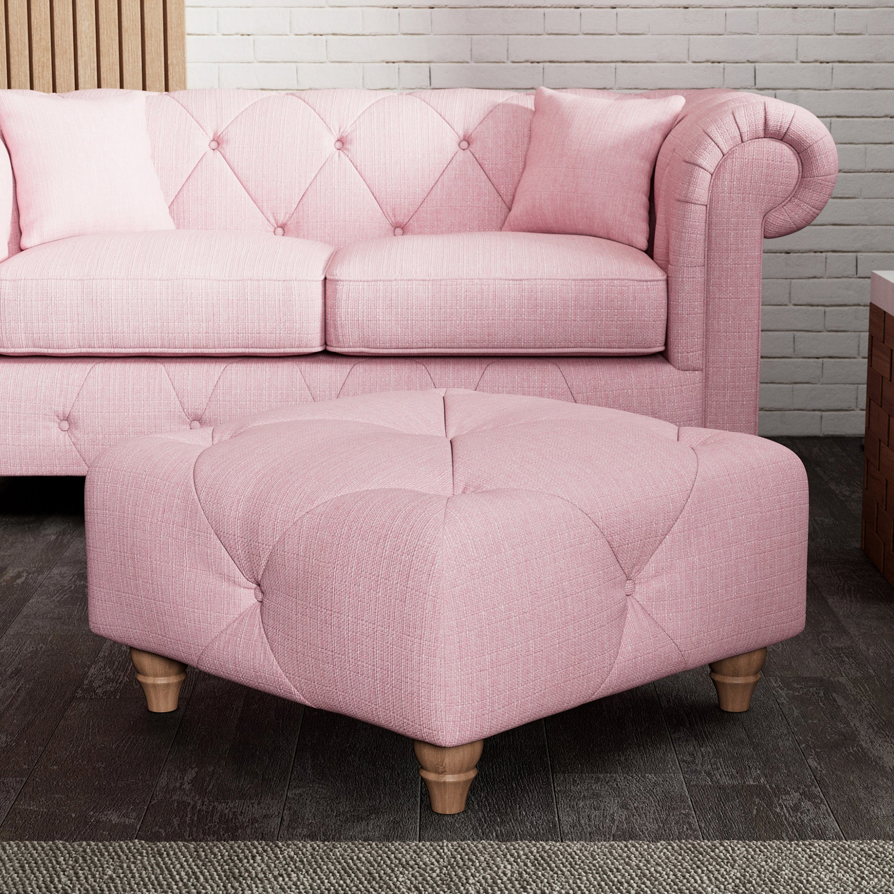 Everett Button Top Footstool Pink Walnut Feet from Roseland Furniture