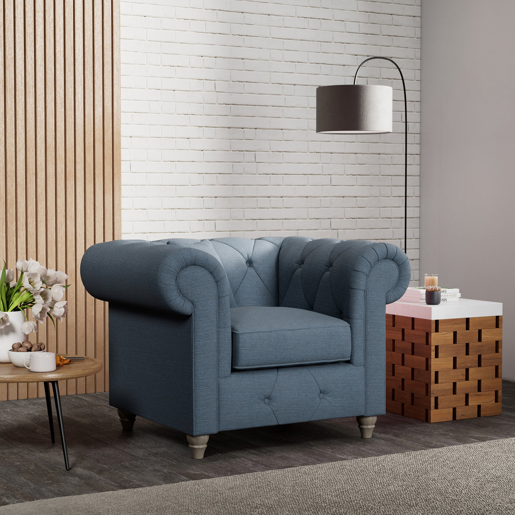 Everett Armchair Deep Blue Washed Oak Feet from Roseland Furniture