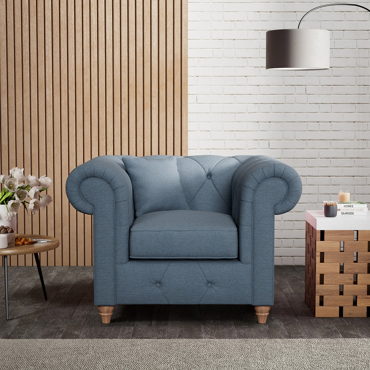 Everett Armchair Deep Blue Walnut Feet from Roseland Furniture