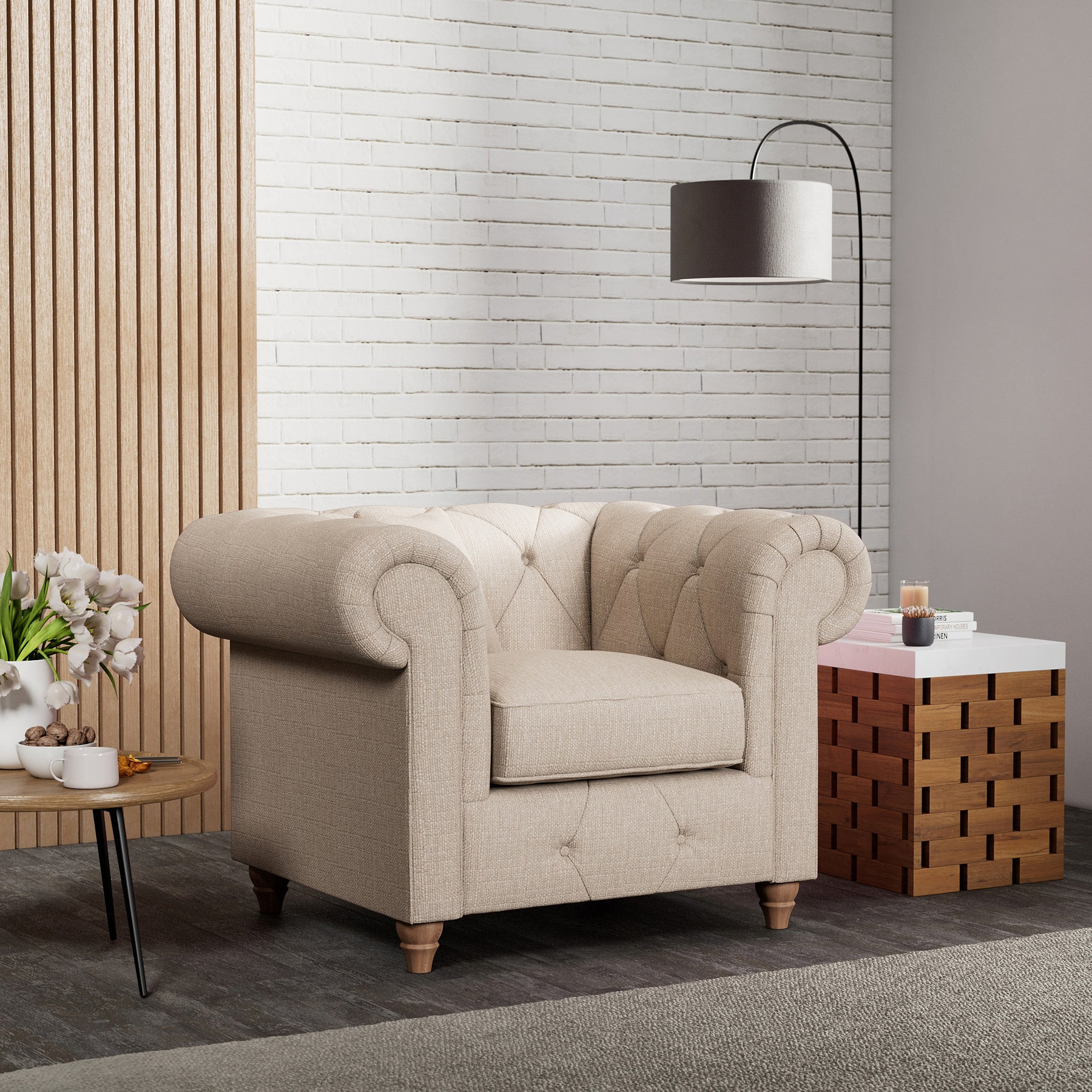 Everett Armchair Oyster Walnut Feet from Roseland Furniture