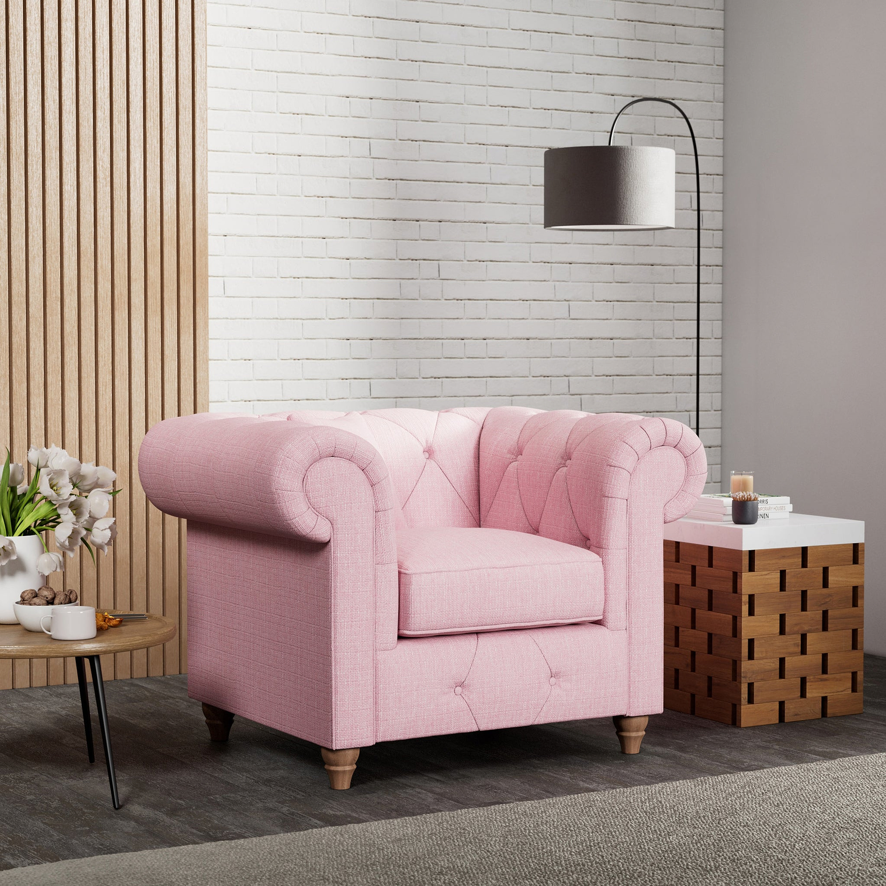 Everett Armchair Pink Walnut Feet from Roseland Furniture