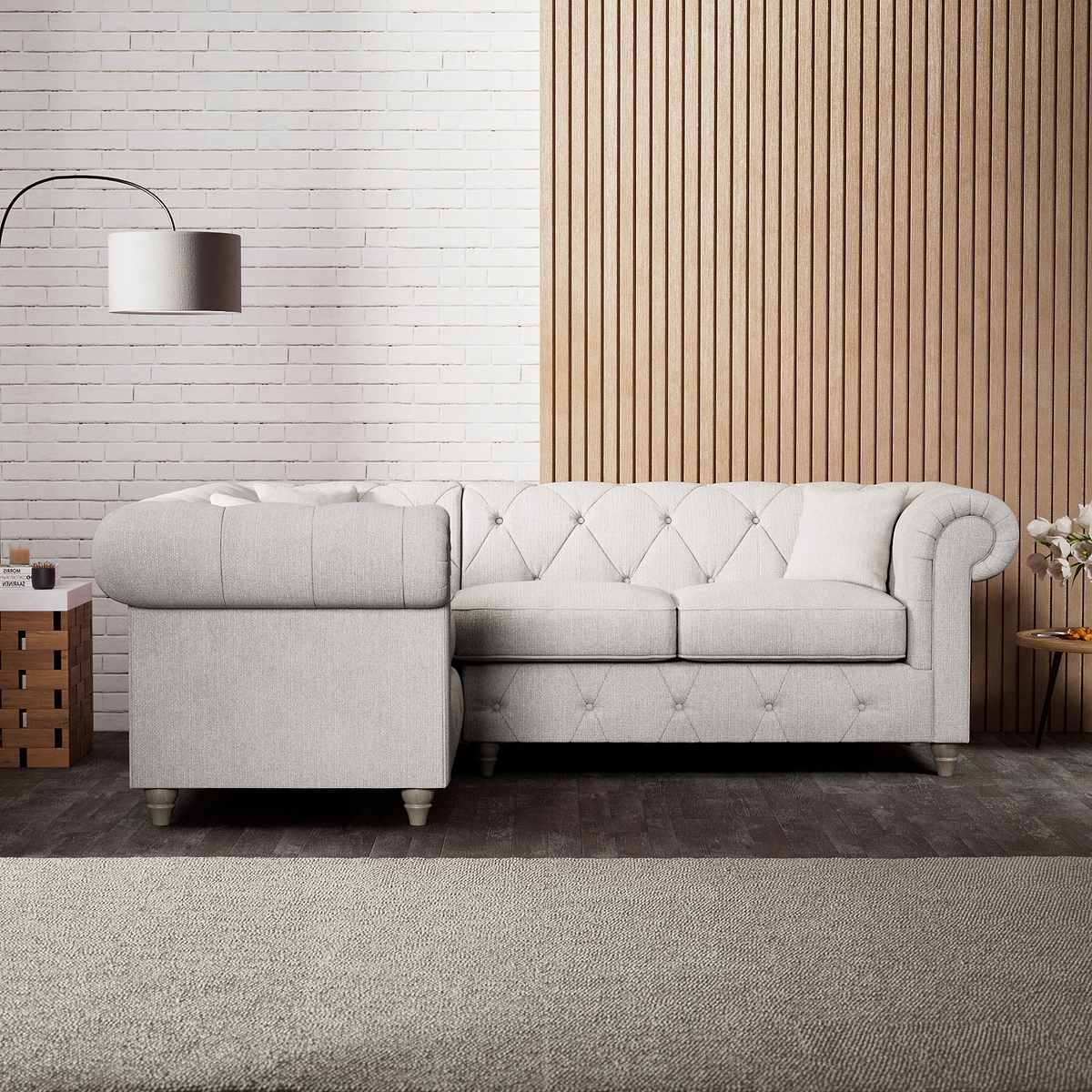 Everett Corner Sofa LH Ash Washed Oak Feet from Roseland Furniture