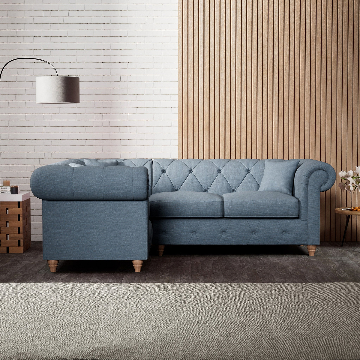 Everett Corner Sofa LH Deep Blue Walnut Feet from Roseland Furniture