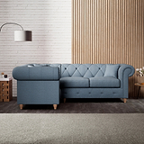 Everett Corner Sofa LH Deep Blue Walnut Feet from Roseland Furniture