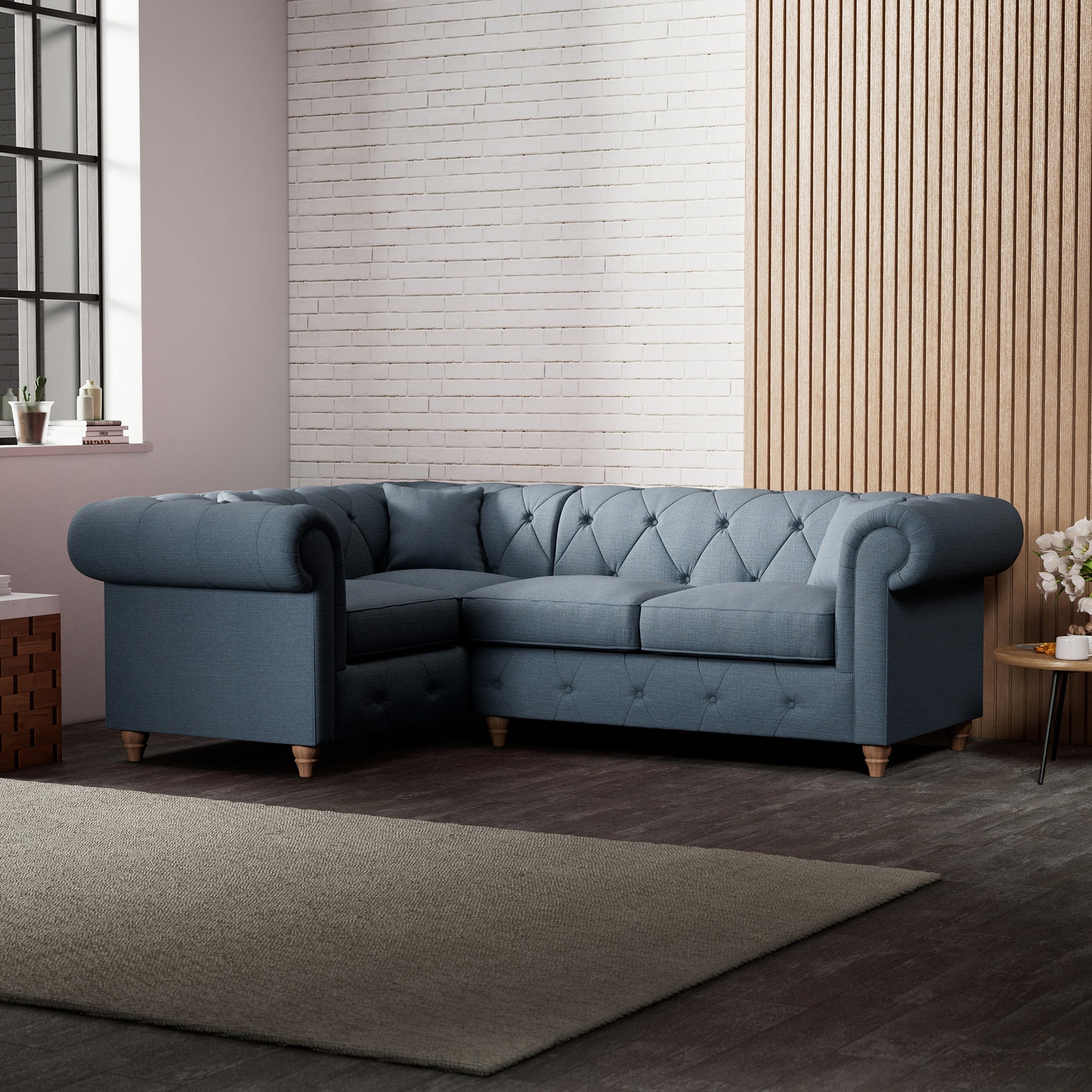 Everett Corner Sofa LH Deep Blue Walnut Feet from Roseland Furniture