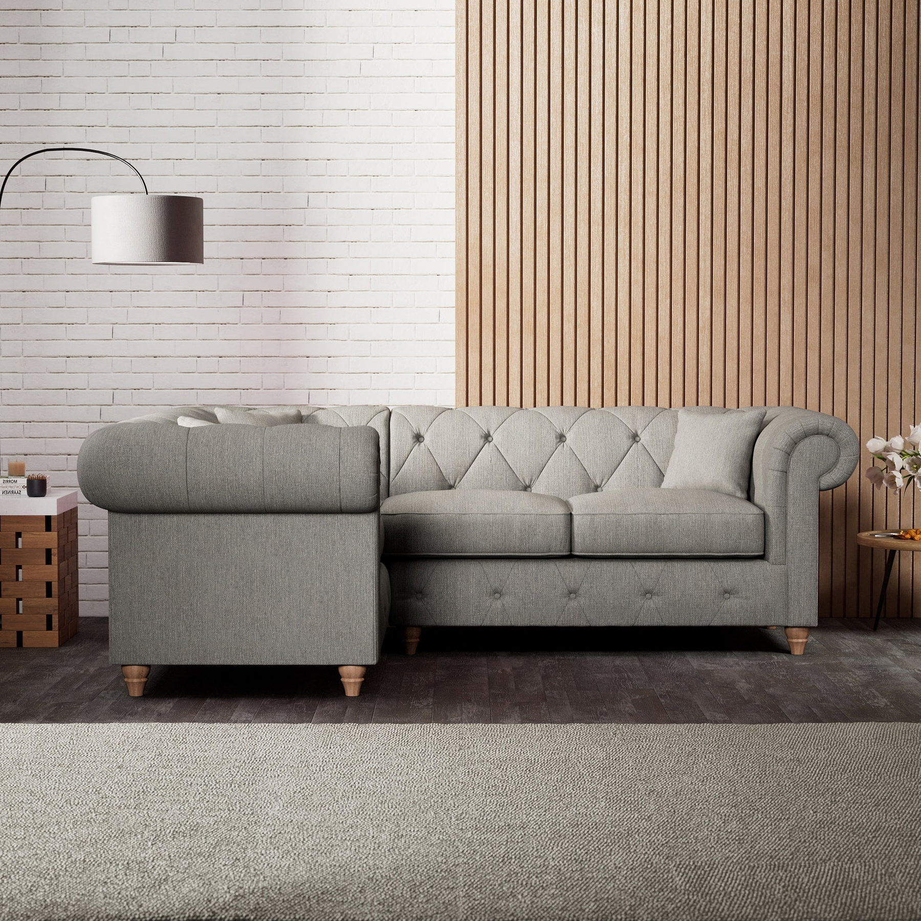 Everett Corner Sofa LH Graphite Walnut Feet from Roseland Furniture