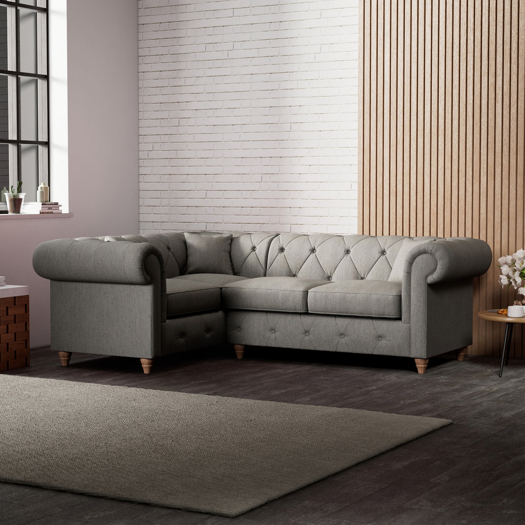 Everett Corner Sofa LH Graphite Walnut Feet from Roseland Furniture