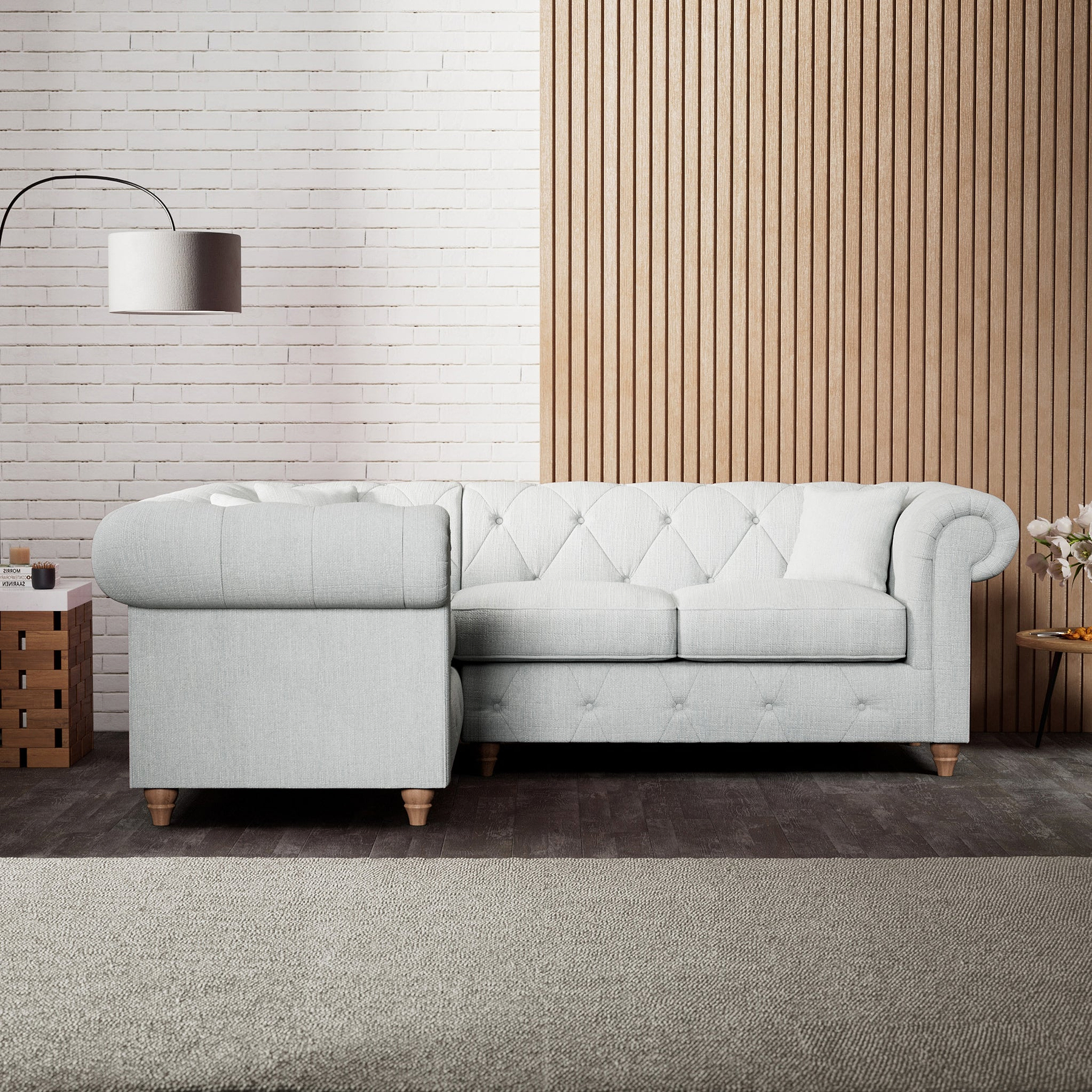 Everett Corner Sofa LH Light Blue Walnut Feet from Roseland Furniture