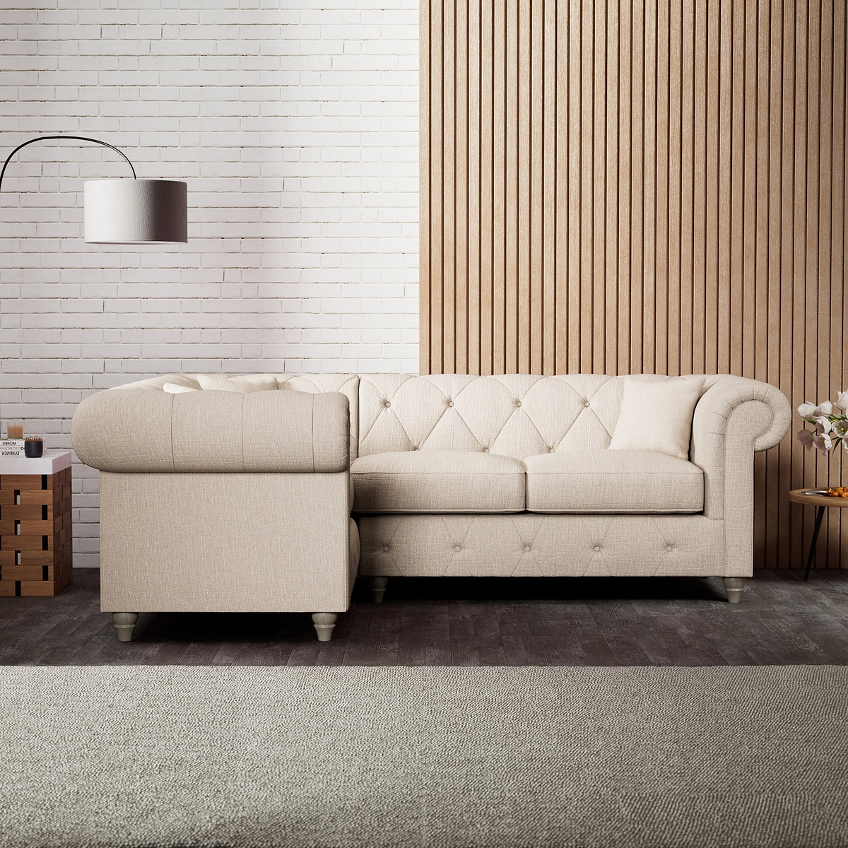 Everett Corner Sofa LH Oyster Washed Oak Feet from Roseland Furniture