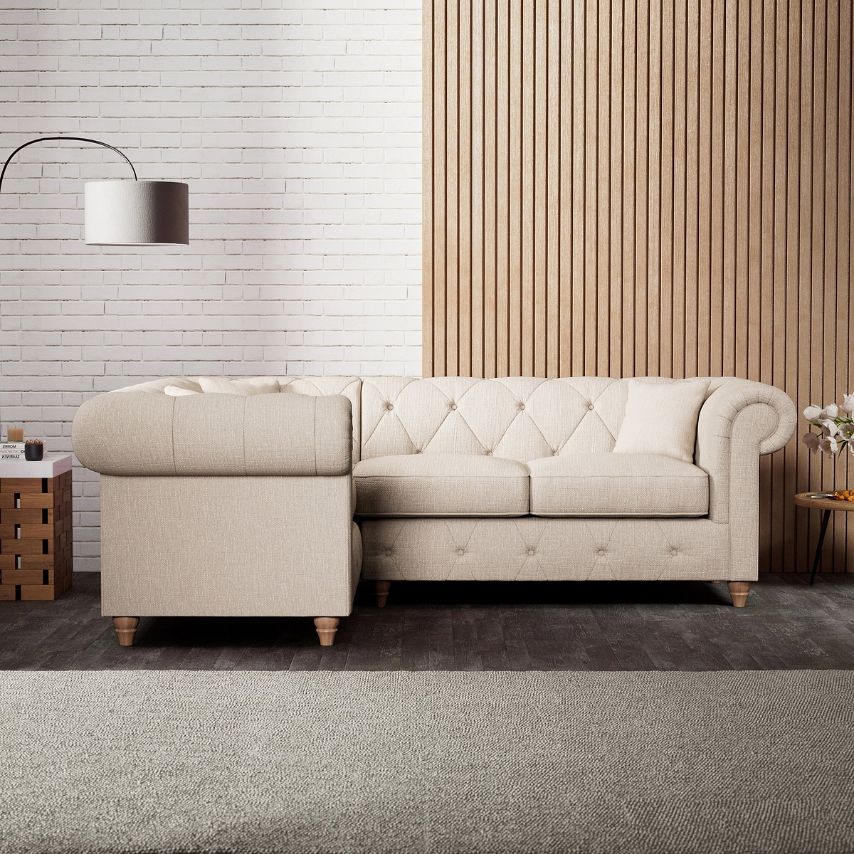 Everett Corner Sofa LH Oyster Walnut Feet from Roseland Furniture