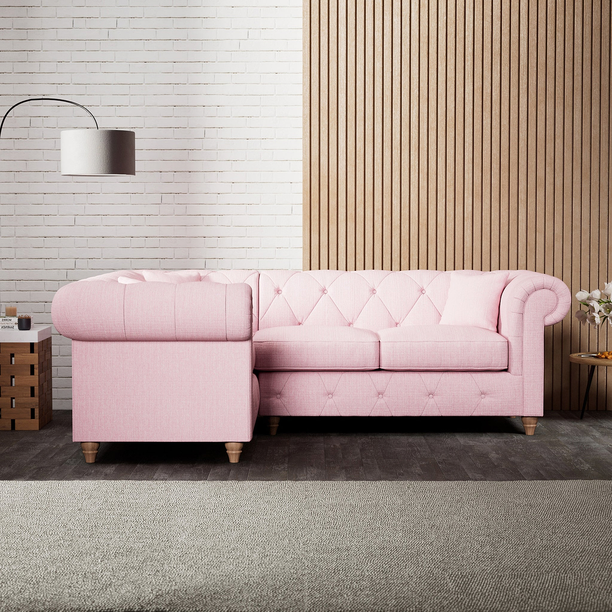 Everett Corner Sofa LH Pink Walnut Feet from Roseland Furniture