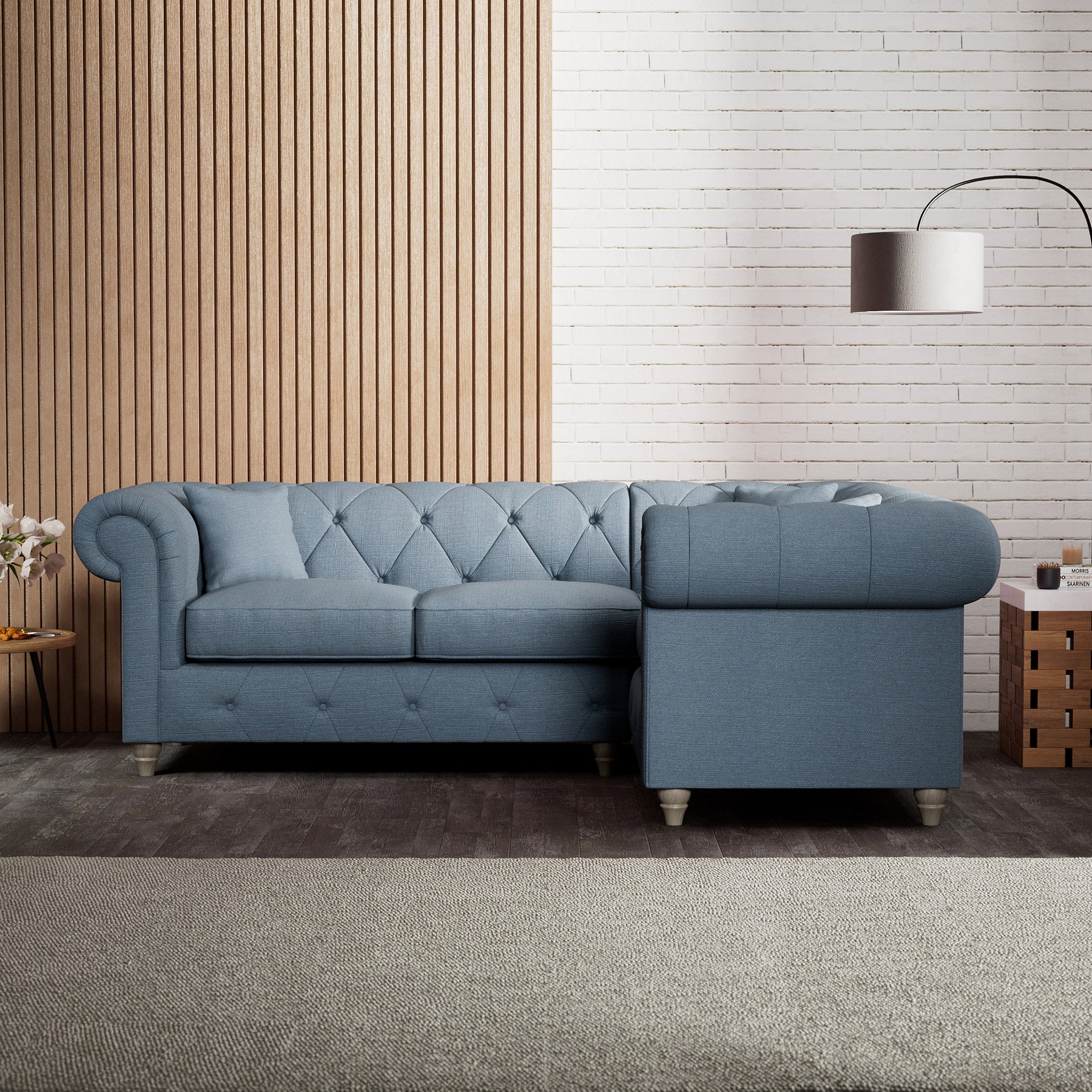 Everett Corner Sofa RH Deep Blue Washed Oak Feet from Roseland Furniture