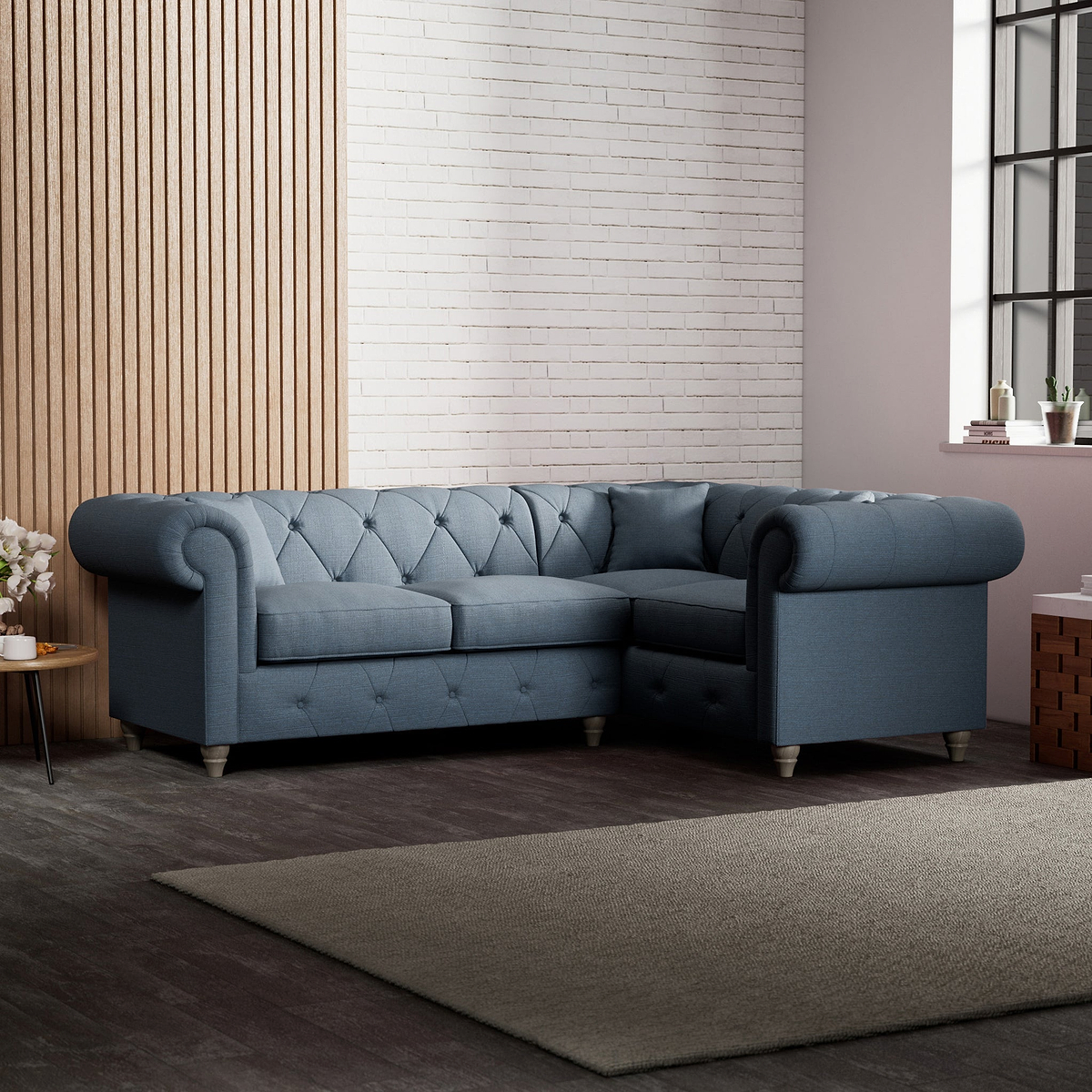 Everett Corner Sofa RH Deep Blue Washed Oak Feet from Roseland Furniture