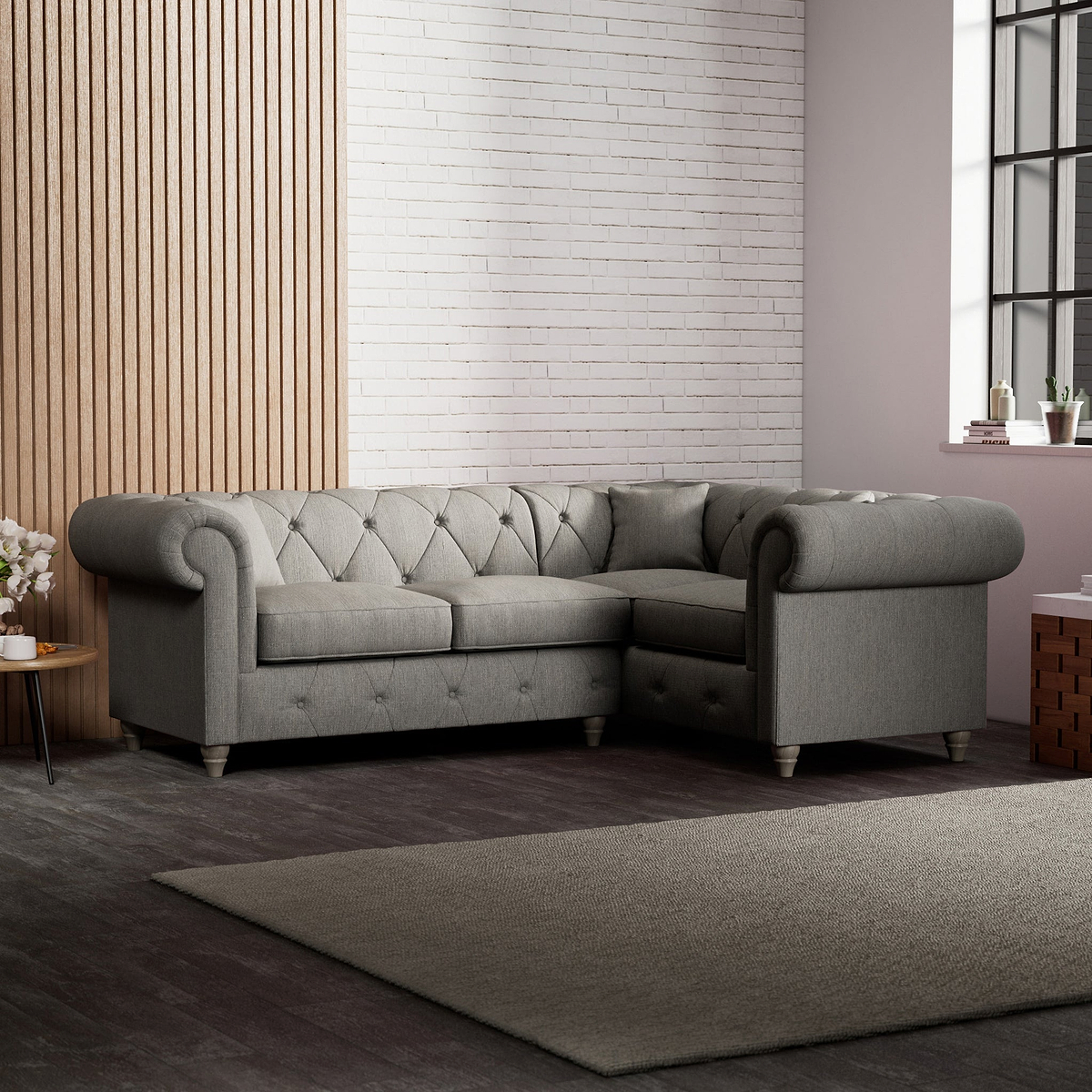 Everett Corner Sofa RH Graphite Washed Oak Feet from Roseland Furniture