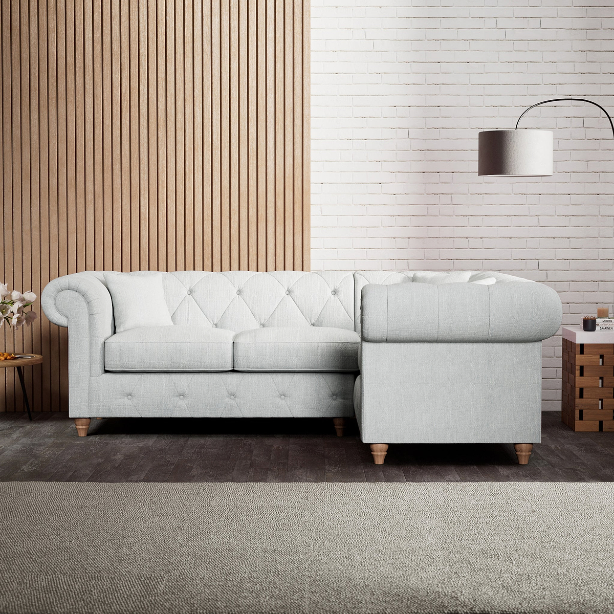 Everett Corner Sofa RH Light Blue Walnut Feet from Roseland Furniture
