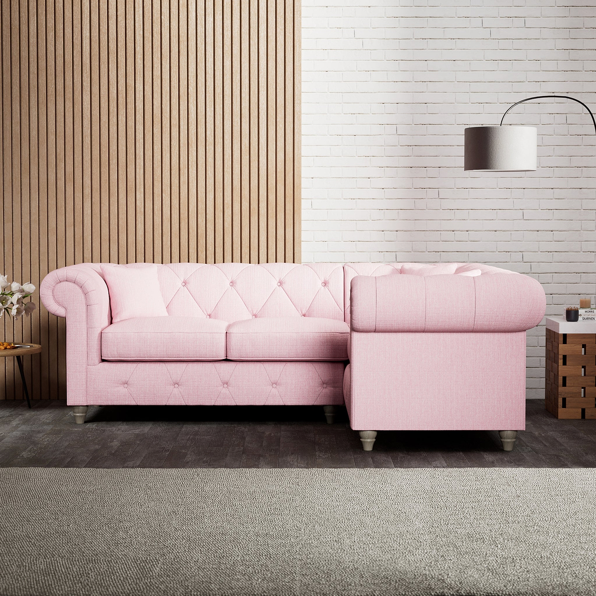 Everett Corner Sofa RH Pink Washed Oak Feet from Roseland Furniture