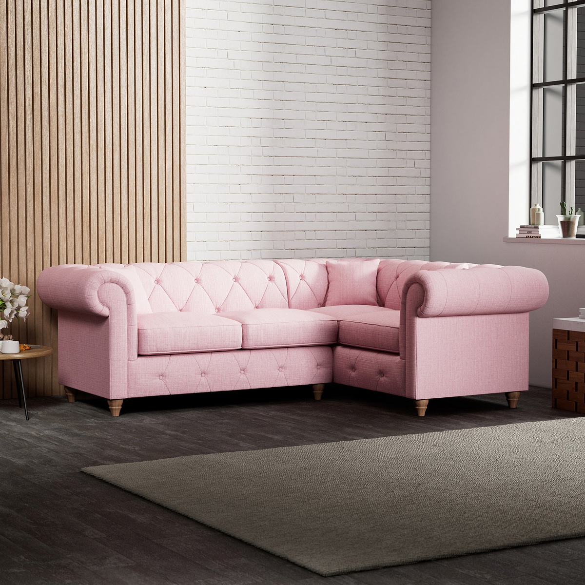 Everett Corner Sofa RH Pink Walnut Feet from Roseland Furniture