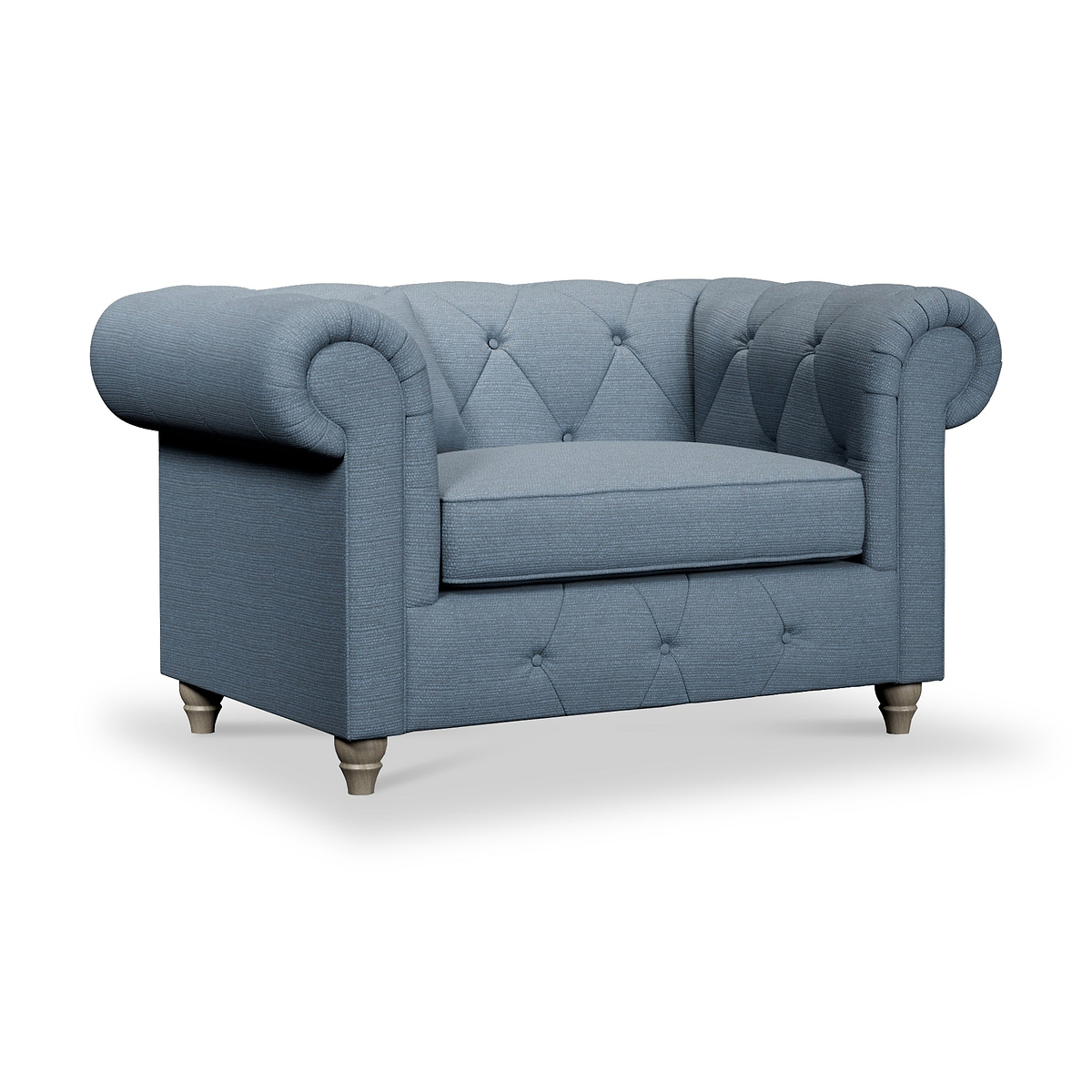 Everett Snuggler Chair Deep Blue Washed Oak Feet from Roseland Furniture