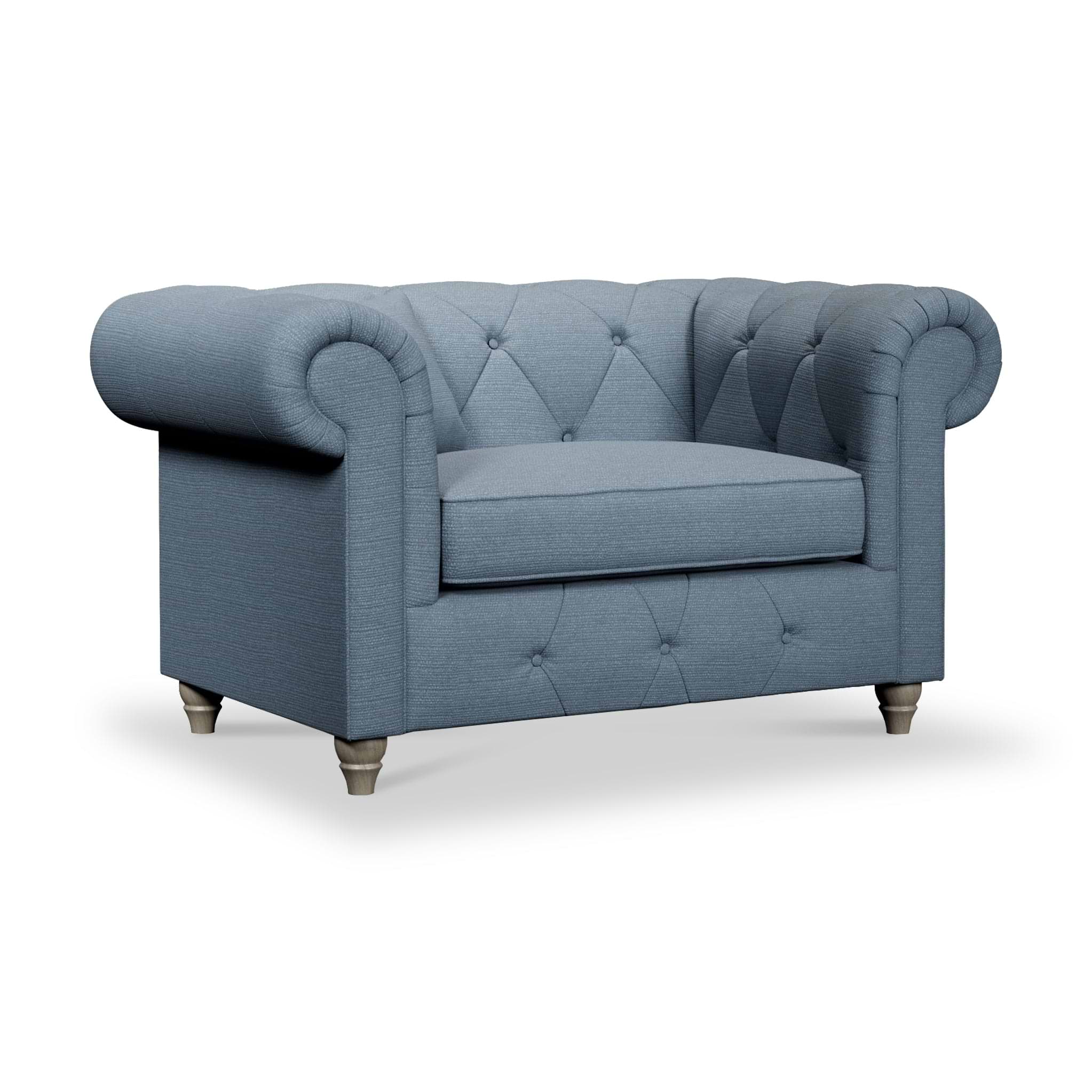 Everett Snuggler Chair Deep Blue Washed Oak Feet from Roseland Furniture
