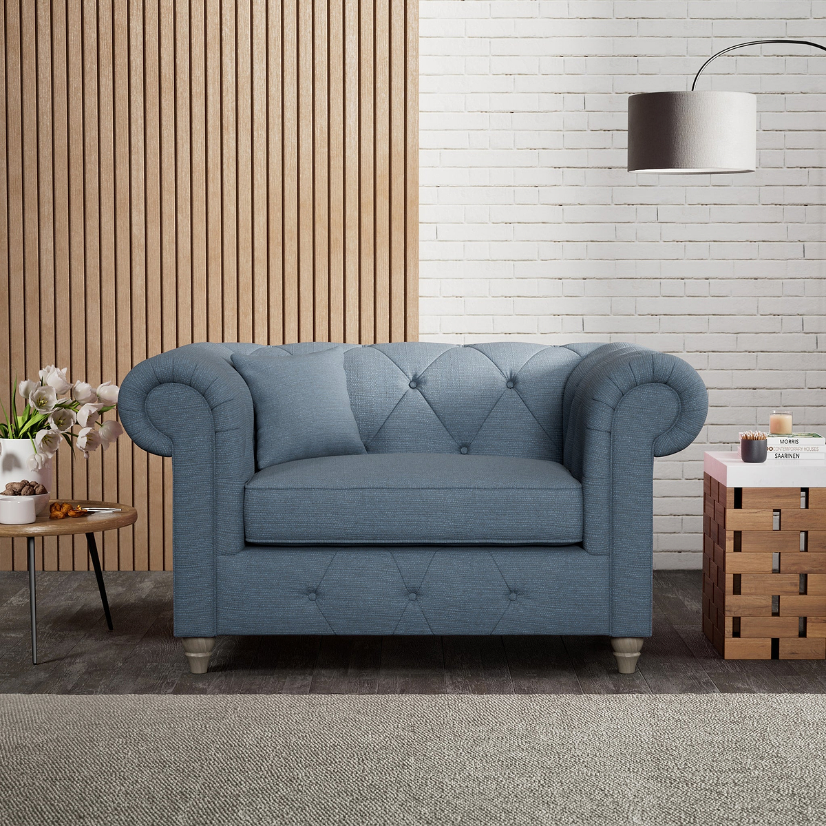 Everett Snuggler Chair Deep Blue Washed Oak Feet from Roseland Furniture