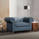 Everett Snuggler Chair Deep Blue Washed Oak Feet from Roseland Furniture