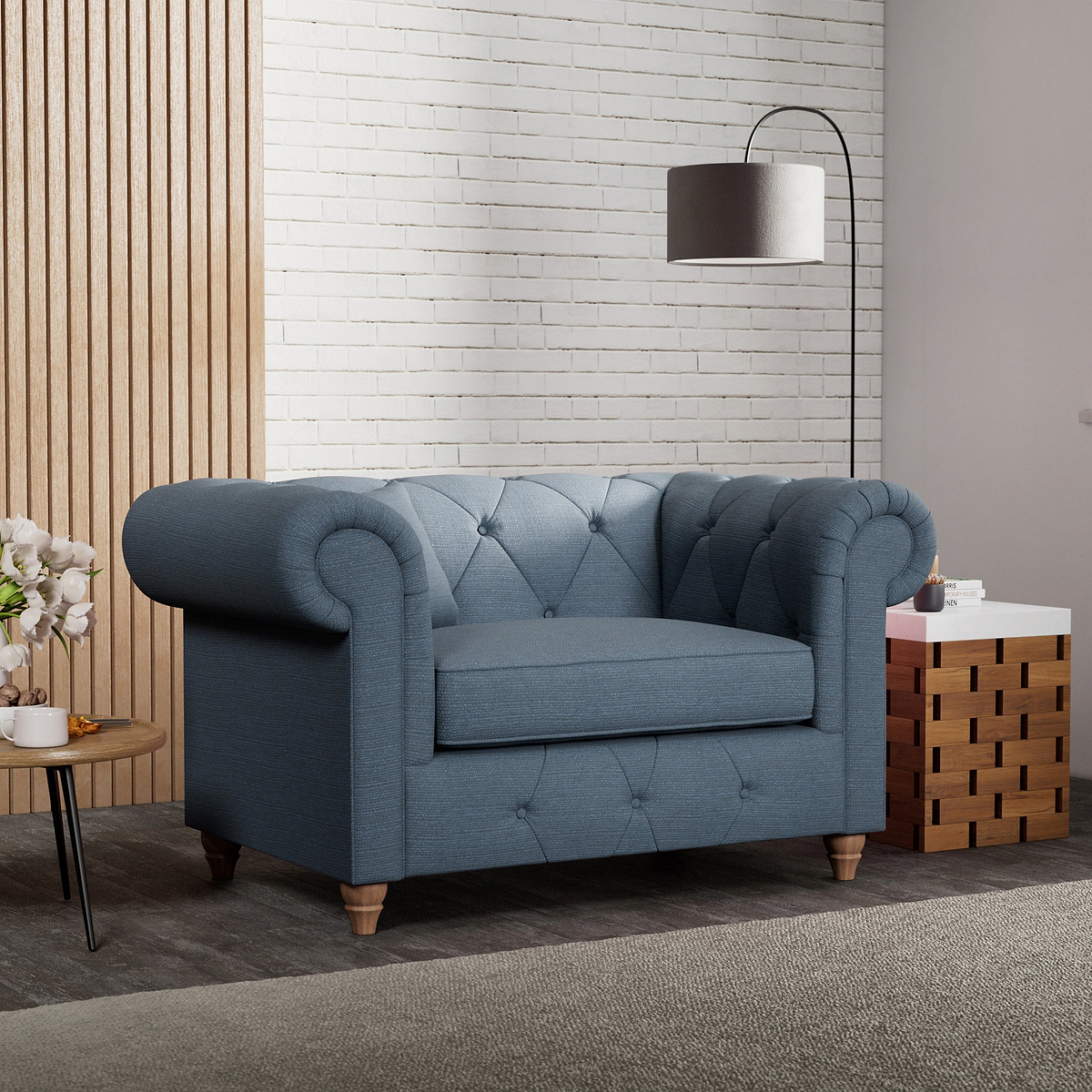 Everett Snuggler Chair Deep Blue Walnut Feet from Roseland Furniture