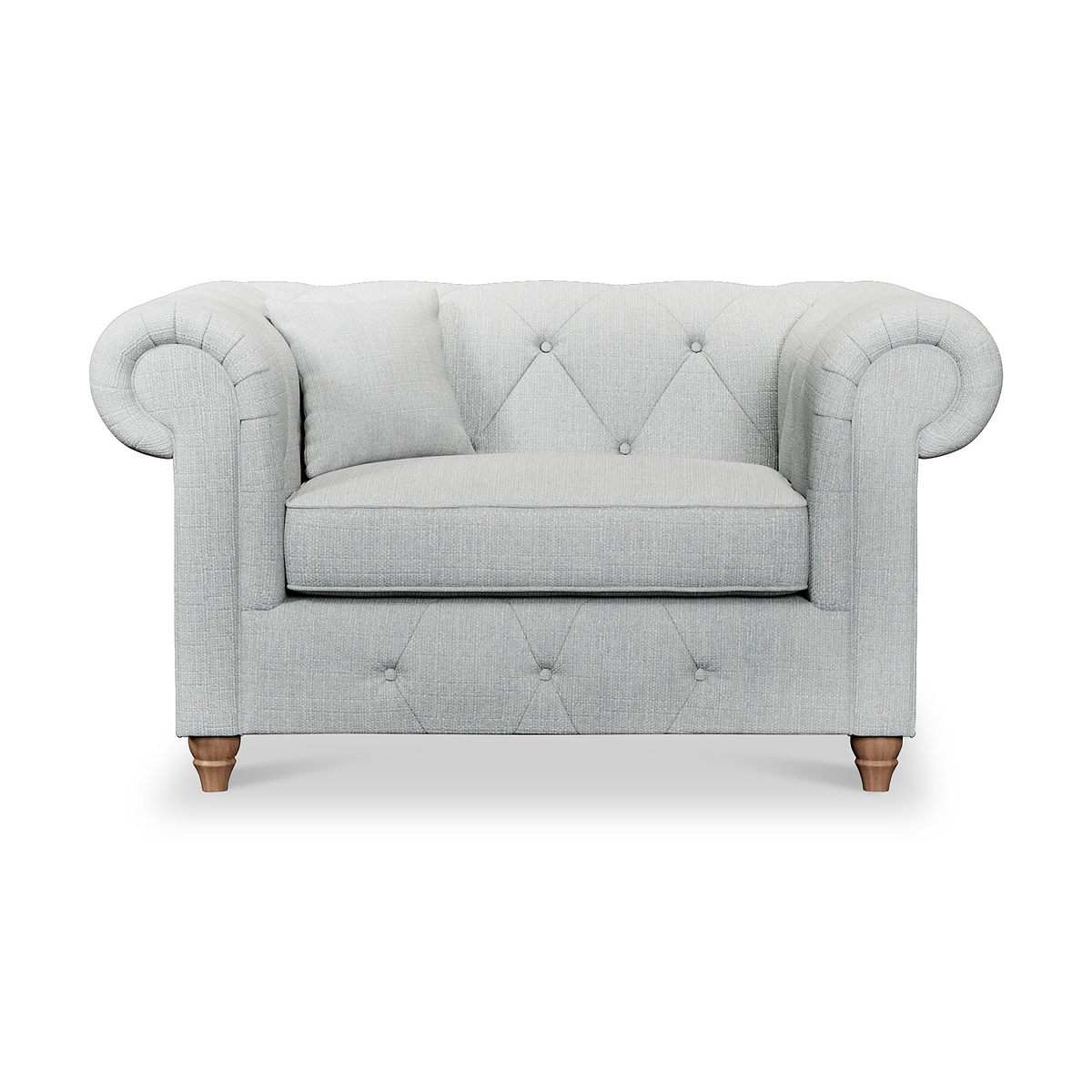 Everett Snuggler Chair Light Blue Walnut Feet from Roseland Furniture