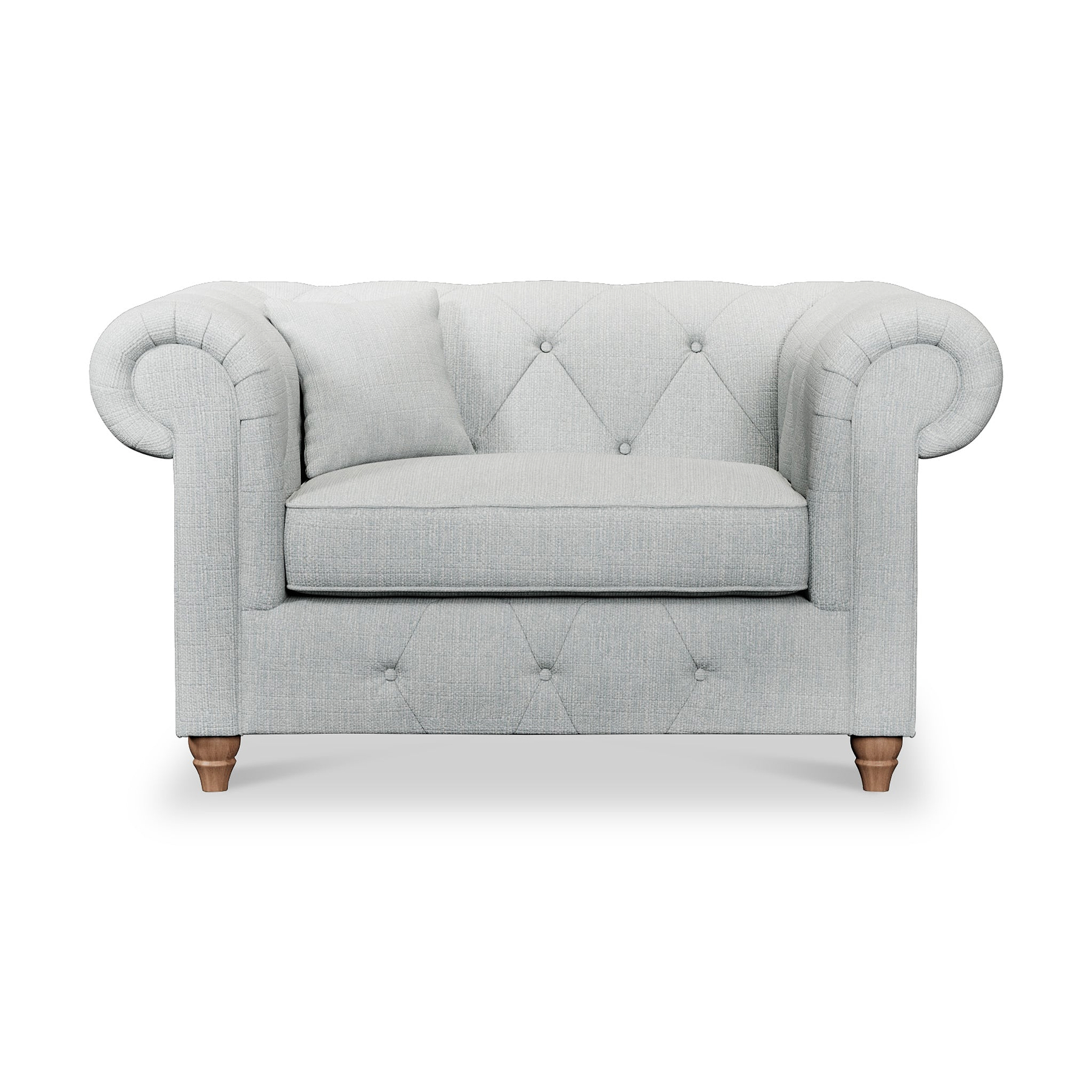 Everett Snuggler Chair Light Blue Walnut Feet from Roseland Furniture