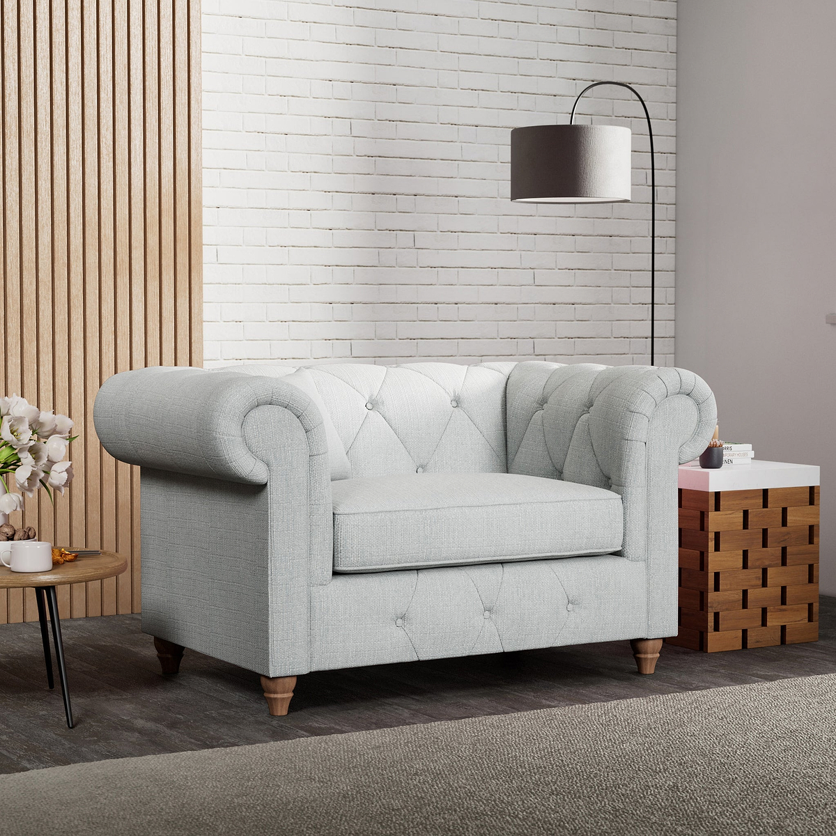 Everett Snuggler Chair Light Blue Walnut Feet from Roseland Furniture