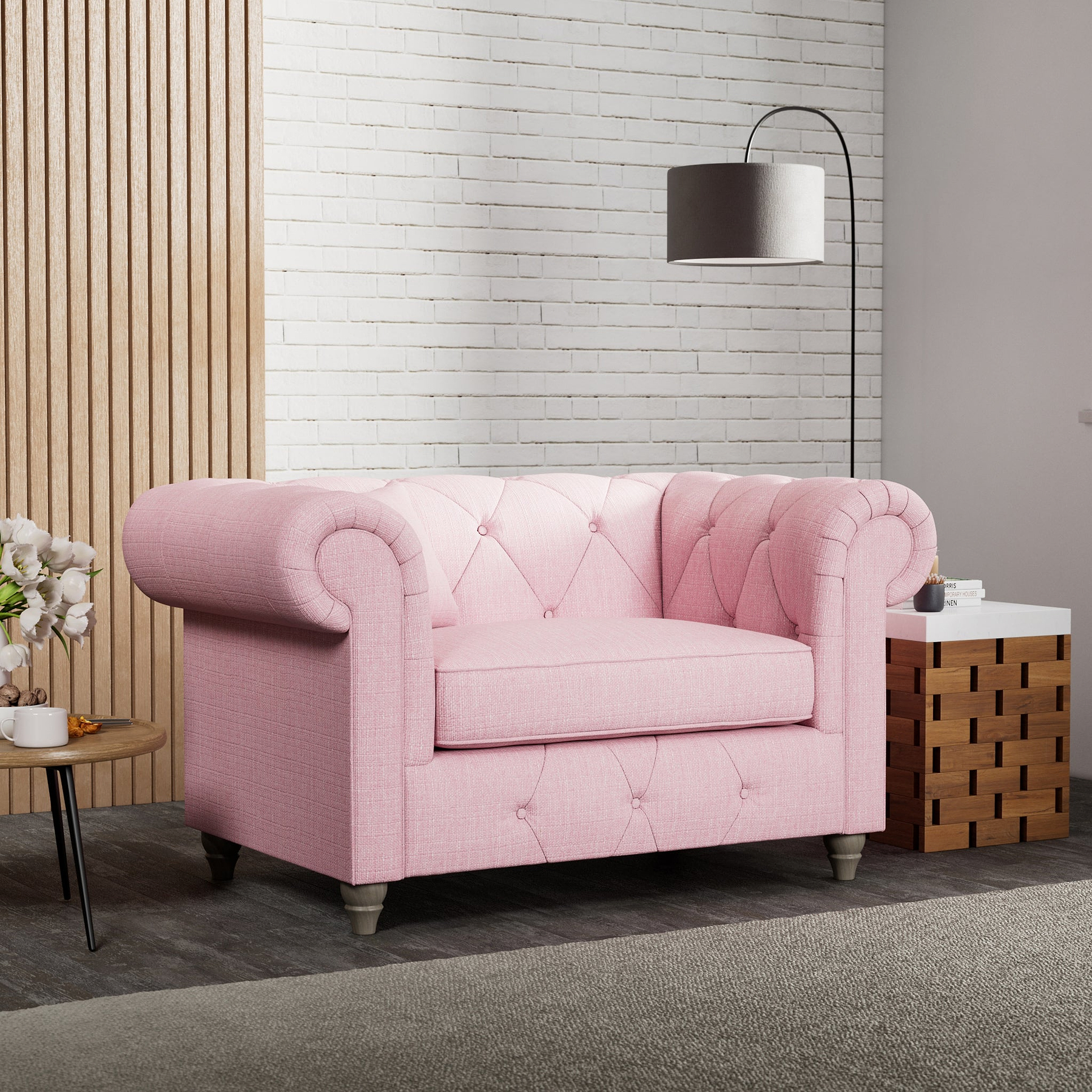 Everett Snuggler Chair Pink Washed Oak Feet from Roseland Furniture