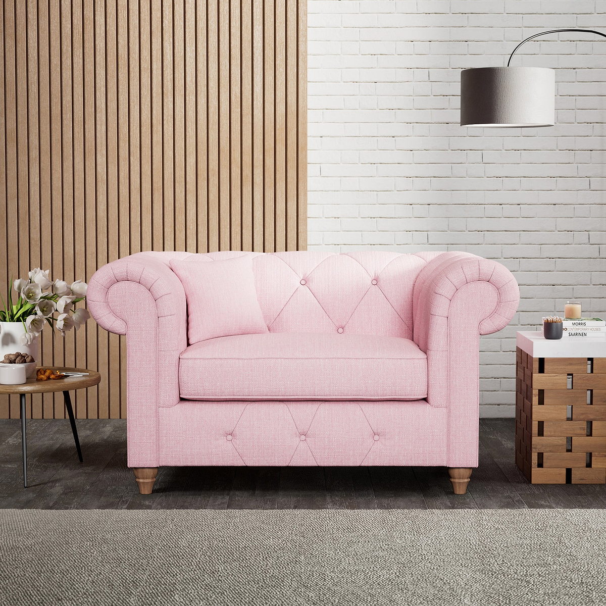 Everett Snuggler Chair Pink Walnut Feet from Roseland Furniture