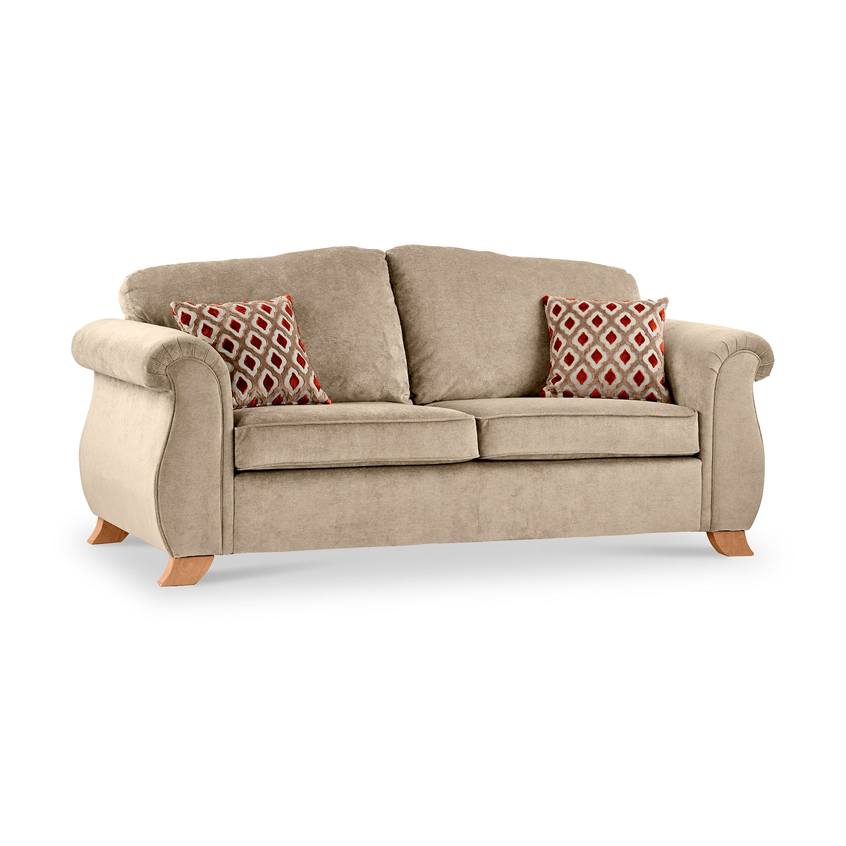 Ashwood-3-seater-sofa-burnt-orange-cushions-mink from Roseland Furniture