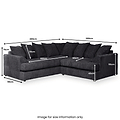 A dark colored corner sofa with dimensions labeled, such as 200cm width, against a white background. Text: "Image for size information only."