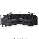 A dark colored corner sofa with dimensions labeled, such as 200cm width, against a white background. Text: "Image for size information only."