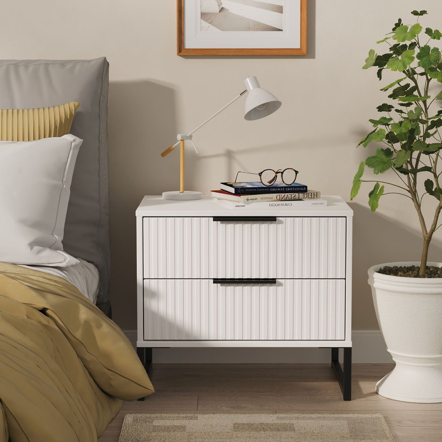 Callo Fluted 2 Drawer Side Table Matt White from Roseland Furniture