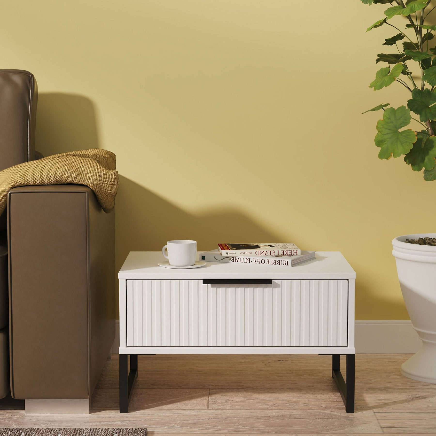 Callo Fluted 1 Draw Wide Side Table Matt White from Roseland Furniture